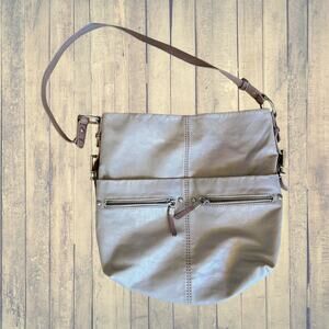 The Sak Taupe Leather Hobo Shoulder Bag Soft Leather Double Zip Pockets Large